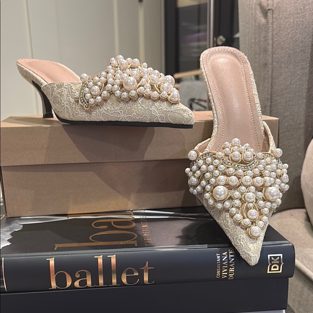 Cream Pearl Embellished Mules with Medium Heel